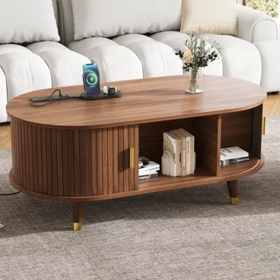 Streamdale Furniture Streamdale 42.5" Oval Fluted Coffee Table With Charging Station, Sliding Door, Walnut