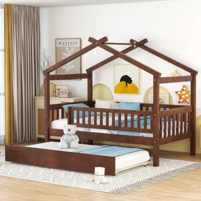 Streamdale Furniture Streamdale Twin Size Wooden House Bed With Twin Size Trundle, Walnut