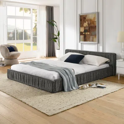 Streamdale Furniture Streamdale Queen Upholstered Platform Bed With Headboard, Chenille Fabric, Grey