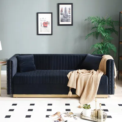 Streamdale Furniture Streamdale Modern Black Velvet Sofa With Pillows For Living Room In Blue