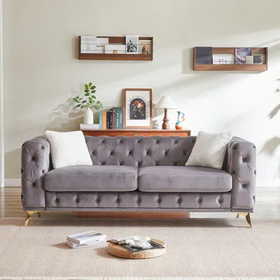 Streamdale Furniture Streamdale Deluxe Velvet Chesterfield Sofa With Tufted Buttons, 2 Pillows In Gray