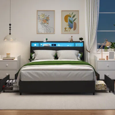 Streamdale Furniture Streamdale Full Bed Frame With Headboard, Outlets, Led & Storage In Black