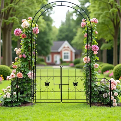 Streamdale Furniture Streamdale Metal Garden Arch Arbor Trellis With Gate - 7.15ft In Black