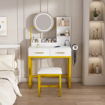 Streamdale Furniture Streamdale Makeup Vanity With Led Lights, Power Outlet, Drawers & Chair (white) In White