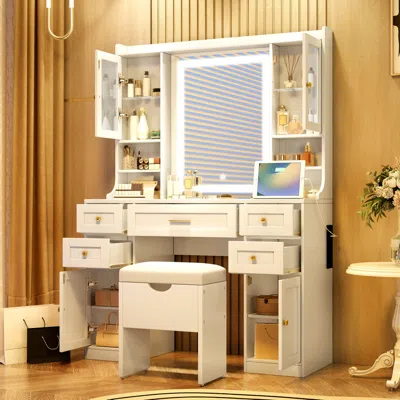 Streamdale Furniture Streamdale Makeup Vanity Desk With Mirror, Lights, Drawers, Cabinets & Stool - White In Neutral