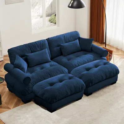 Streamdale Furniture Streamdale Velvet 2-seater Sofa With Ottoman, Bolsters, Pillows - Reading Room Blue In Blue