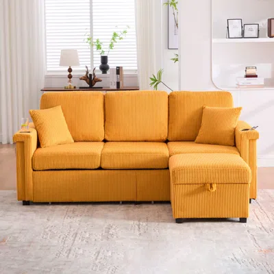 Streamdale Furniture Streamdale L-shaped Sectional Sofa W/ Storage Ottoman, Usb, Cup Holder, Corduroy In Orange