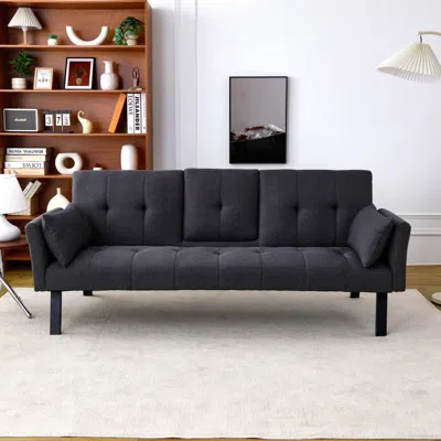Streamdale Furniture Streamdale 70" Cotton Linen Sofa Bed: Foldable, Cup Holder, Side Storage In Black