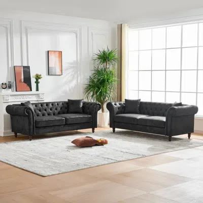 Streamdale Furniture Streamdale Chesterfield Tech Fabric 3+3 Seater Sofa Set - Black In Black