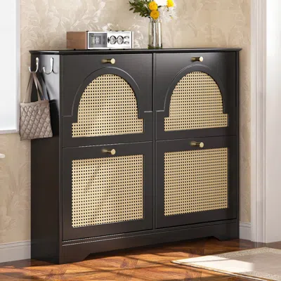 Streamdale Furniture Streamdale Mid-century Narrow Shoe Cabinet - 4 Flip Drawers, Rattan Doors, Hooks, Black In Brown