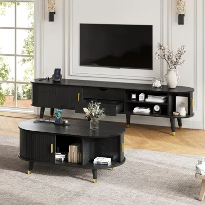 Streamdale Furniture Streamdale Farmhouse Tv Stand & Coffee Table Set, Charging Station, Black In Black