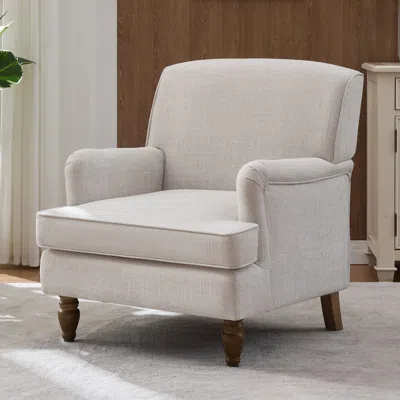 Streamdale Furniture Streamdale Vintage Linen Armchair, Antique Wood Legs, Accent Sofa, Beige In Neutral