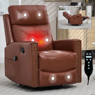 Streamdale Furniture Streamdale Red Leather Heat Massage Rocker Swivel Recliner In Brown