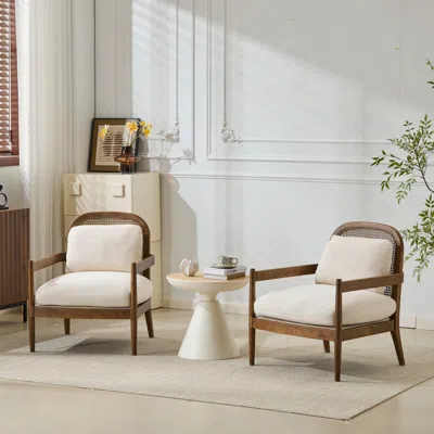 Streamdale Furniture Streamdale Mid-century Modern Accent Chair - Rattan Back, Beige Cushion (set Of 2) In Neutral