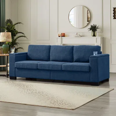 Streamdale Furniture Streamdale Modern Blue Sofa With Cup Holder & Storage In Blue