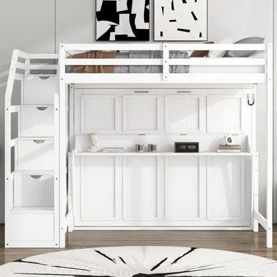 Streamdale Furniture Streamdale Full Xl Loft Bed W/ Storage Stairs & Full Murphy Bed, Led, White In White
