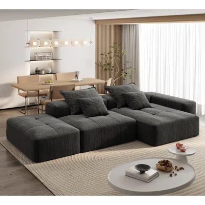 Streamdale Furniture Streamdale Modern Oversized Chenille Sectional Sofa With Ottoman & Pillows In Black