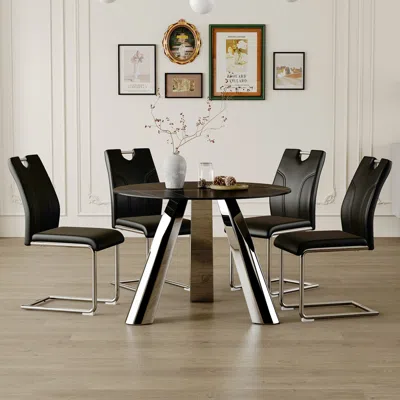 Streamdale Furniture Streamdale 42" Round Sintered Stone Table & 4 Black Dining Chairs In Black