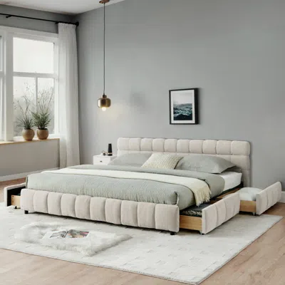 Streamdale Furniture Streamdale California King Upholstered Bed Frame With Storage Drawer - Beige In White