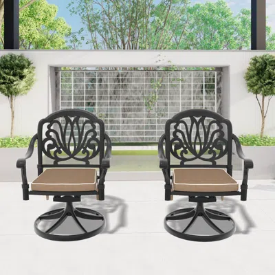 Streamdale Furniture Streamdale Cast Aluminum Patio Swivel Chair 2pcs With Black Frame And Cushions In Random Colors In Brown