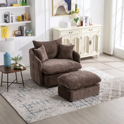 Streamdale Furniture Streamdale Oversized Swivel Accent Chair With Ottoman & Pillows In Brown