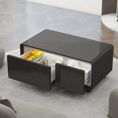 Streamdale Furniture Streamdale Modern Smart Coffee Table With Built-in Fridge, Bluetooth Speaker, Wireless Charging, Tou In Black