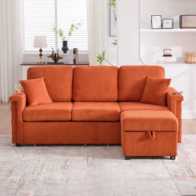 Streamdale Furniture Streamdale L-shaped Sectional Sofa W/ Storage Ottoman, Usb, Cup Holder, Corduroy In Orange