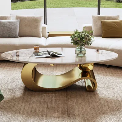 Streamdale Furniture Streamdale 49" Faux Marble Oval Coffee Table, Gold Base In Gold
