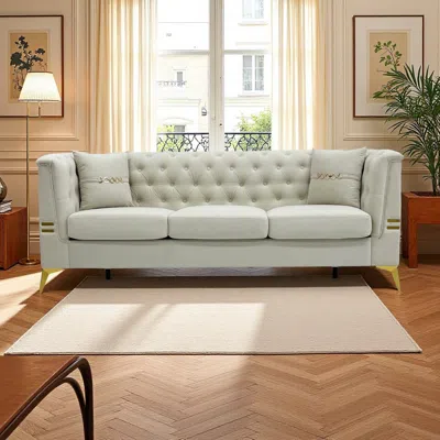 Streamdale Furniture Streamdale Tufted Velvet Sofa, 82" 3-seater Couch With Gold Legs, Cream White In White