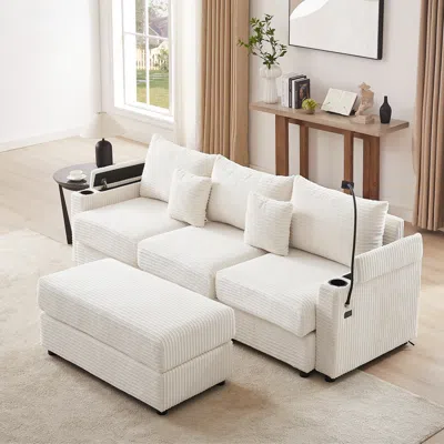 Streamdale Furniture Streamdale Modern 3-seater Sectional Sofa W/ Ottoman, Usb, Cup Holders - Beige