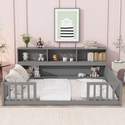 Streamdale Furniture Streamdale Full Floor Bed With Side Bookcase, Shelves, Guardrails, Grey