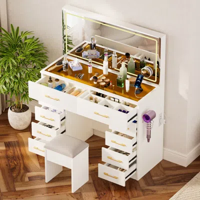 Streamdale Furniture Streamdale 46" Glass Top Vanity Desk With Mirror, Stool, Power Outlet