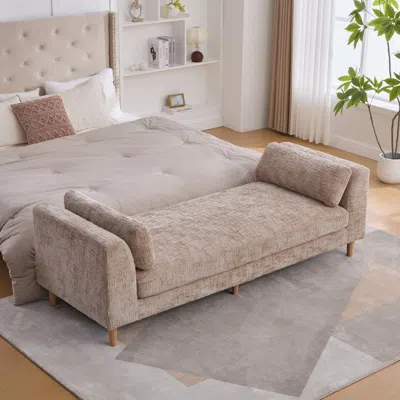 Streamdale Furniture Streamdale Upholstered End Of Bed Bench With Armrests & Bolster Pillows - Wheat