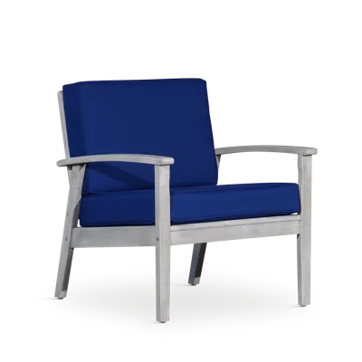 Streamdale Furniture Streamdale Deep Seat Eucalyptus Chair, Silver Gray Finish, Navy Cushions In Blue