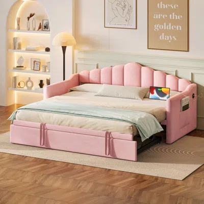 Streamdale Furniture Streamdale Upholstered Twin Daybed With Pop Up Trundle, Usb Port, Pockets, No Box Spring, Pink