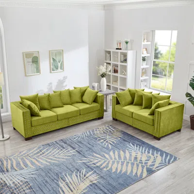 Streamdale Furniture Streamdale Green Velvet Sofa 2+3 Seater, Silver Nailhead Trim