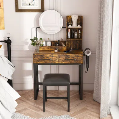 Streamdale Furniture Streamdale Led Lighted Makeup Vanity Table With Drawers & Chair - Brown