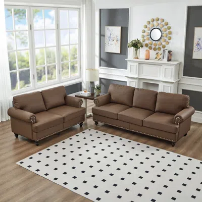 Streamdale Furniture Streamdale Modern Classic Brown Leather 2+3 Seater Sofa Set