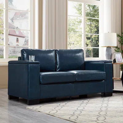 Streamdale Furniture Streamdale Modern Faux Leather Loveseat With Cup Holder & Storage - Navy Blue