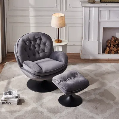 Streamdale Furniture Streamdale Swivel Leisure Chair Lounge Chair Velvet Grey Color With Ottoman