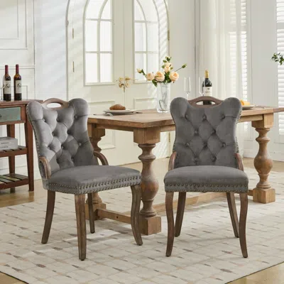 Streamdale Furniture Streamdale Velvet Tufted Dining Chairs, Wood Handles & Legs, Copper Nails, Set Of 2, Gray