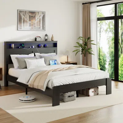 Streamdale Furniture Streamdale Queen Bed Frame W/ Led, Usb, Storage Headboard, No Box Spring