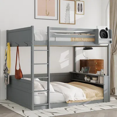 Streamdale Furniture Streamdale Queen Wooden Bunk Bed W/ Shelves, Storage, Led & Usb - Grey