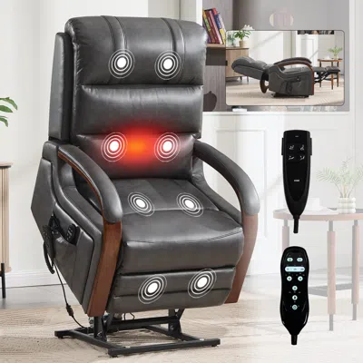 Streamdale Furniture Streamdale Dark Grey Leatheraire Power Lift Recliner W/ Heat & Massage