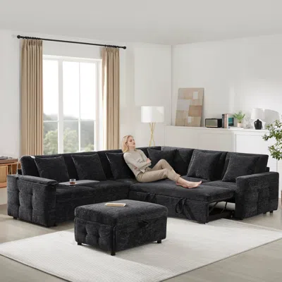 Streamdale Furniture Streamdale Modular Sectional Sofa Bed: Flip Table, Lamp, Ports, Ottoman, Tufted, 6 Pillows
