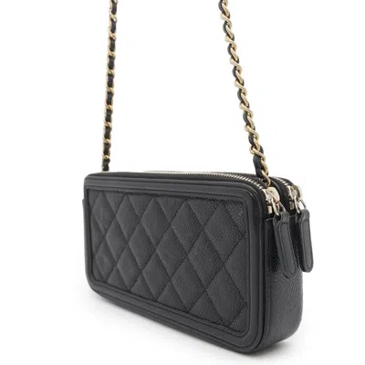 Pre-owned Chanel Black Grained Calfskin Chain/shoulder Wallet ()
