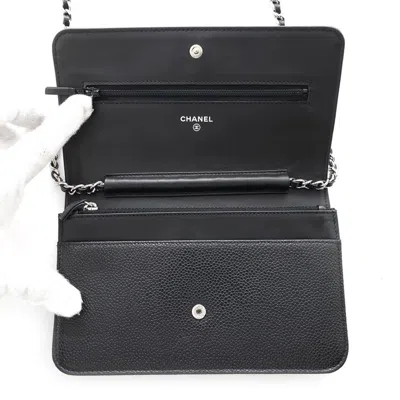 Pre-owned Chanel Black Grained Calfskin Chain/shoulder Wallet ()