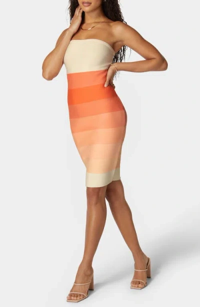 Bebe Strapless Colorblock Bandage Midi In Orange