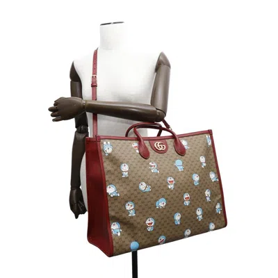 Pre-owned Gucci Brown Red Color Gg Supreme Leather Shoulder Bag Tote Bag ()