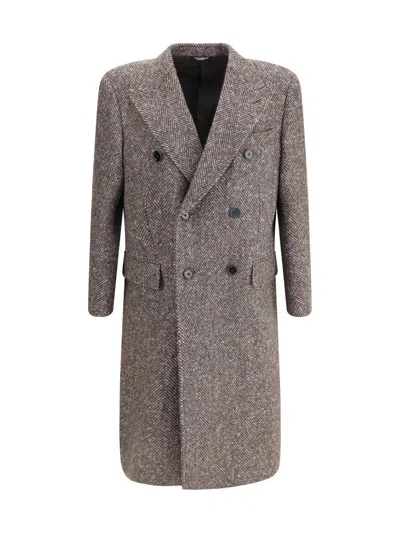 Dolce & Gabbana Herringbone Double-breasted Coat In Gray